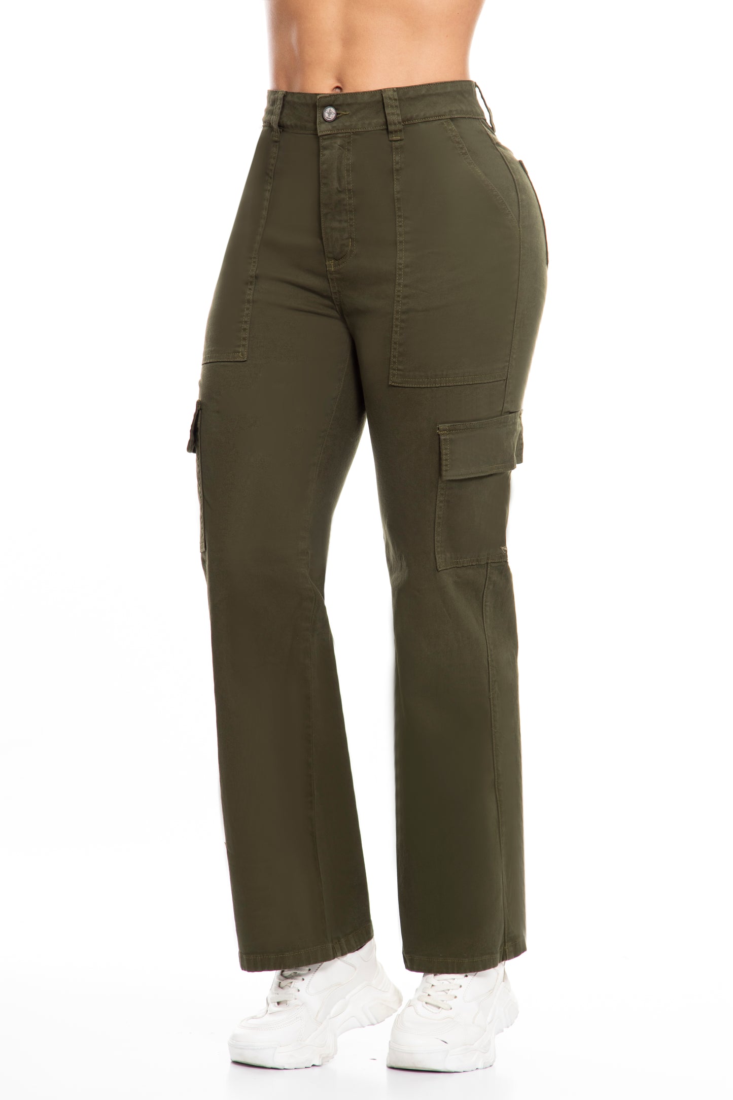 10109 pantalón cargo, tiro súper alto, bota ancha, tono verde militar