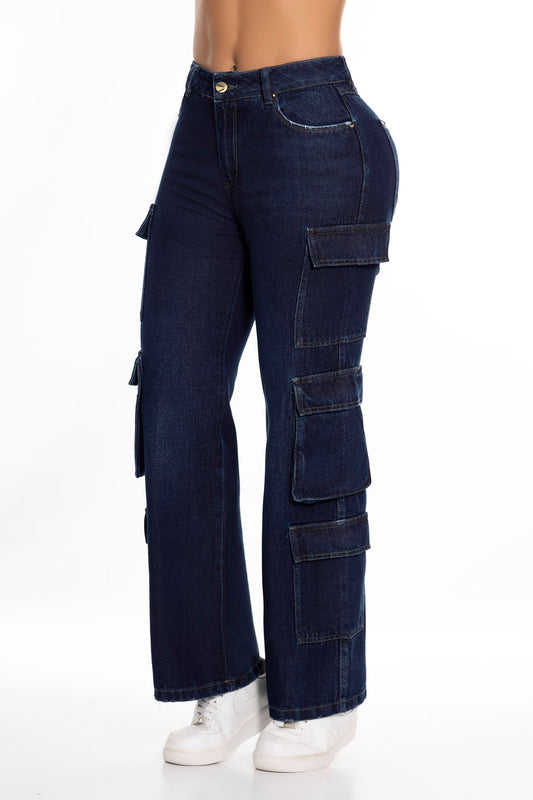Ref. 10048 Jeans cargo rígido, tiro alto, bolsillos laterales, tono azul oscuro