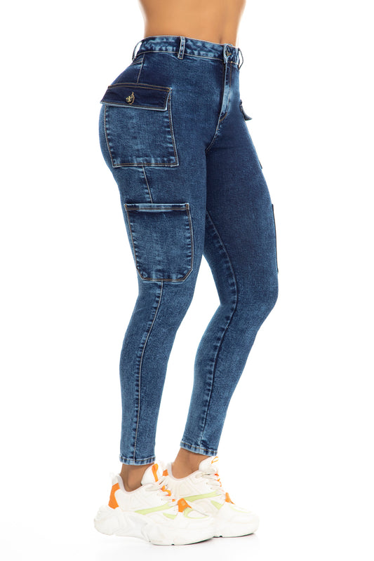 Ref.10069 Jean cargo efecto levanta cola, tiro súper alto strech