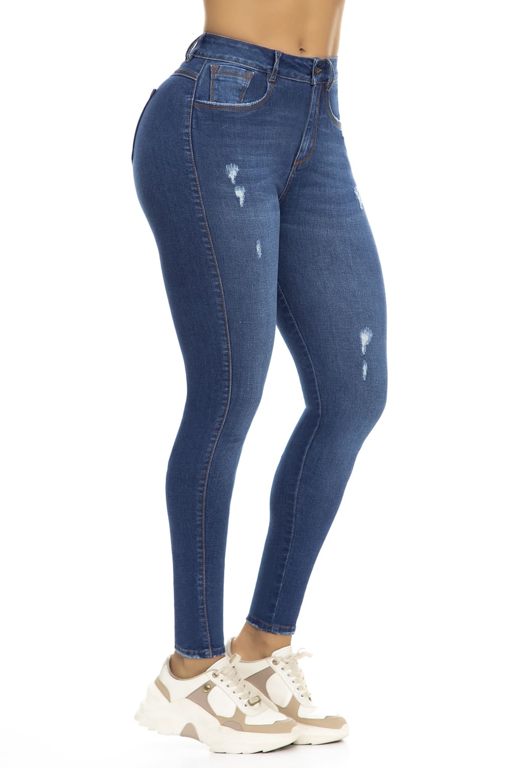 10077Jean skinny stretch, con nicks sutiles, efecto levanta cola, tiro súper alto, azul medio oscuro, pantalón moderno mujer.