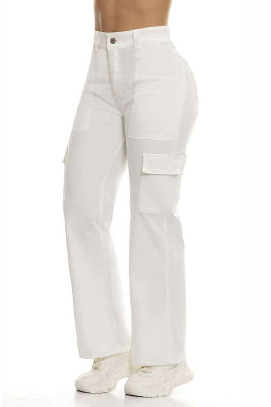 10086 Pantalón cargo bpt, efecto levanta cola tiro Súper alto, stretch color Blanco hueso