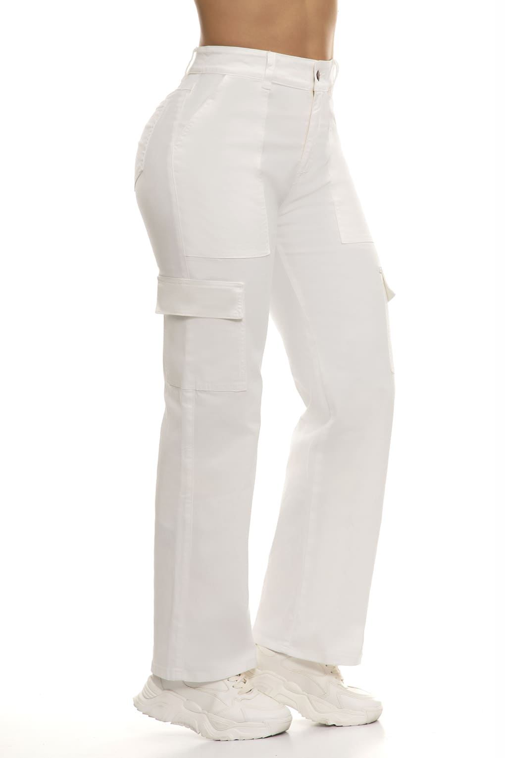 10086 Pantalón cargo bpt, efecto levanta cola tiro Súper alto, stretch color Blanco hueso