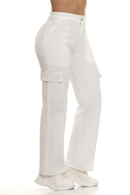 10086 Pantalón cargo bpt, efecto levanta cola tiro Súper alto, stretch color Blanco hueso