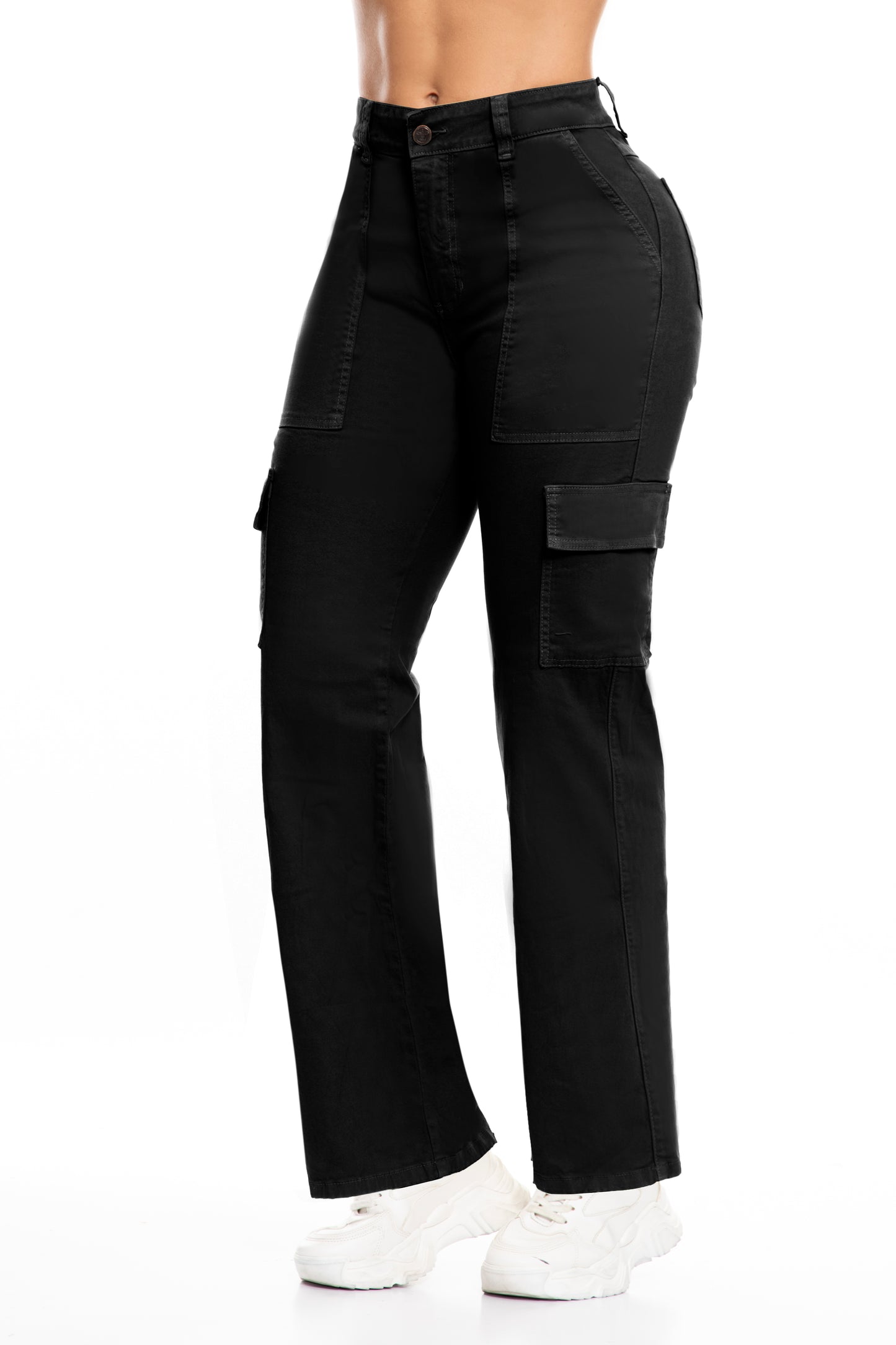 10108 pantalón cargo, tiro súper alto, bota ancha, efecto levanta cola, color negro, strech