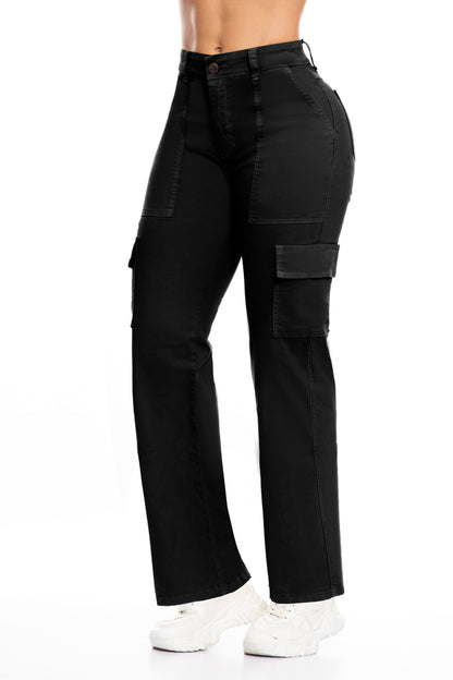 10108 pantalón cargo, tiro súper alto, bota ancha, efecto levanta cola, color negro, strech