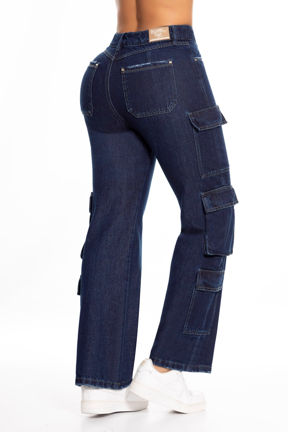 Ref. 10048 Jeans cargo rígido, tiro alto, bolsillos laterales, tono azul oscuro